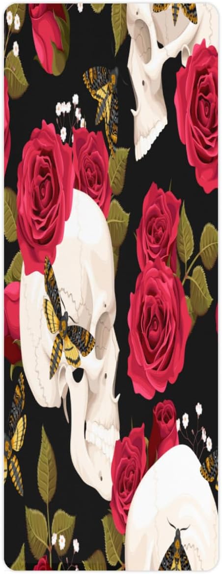 Rose Butterfly Skull Yoga Mat Folding Travel Fitness & Exercise Mat with Carrying Bag Non-Slip Lightweight Travel Yoga Mat for Women Pilates 72"L × 26.8” W × 2 Mm Thick - sugar skull yoga mat