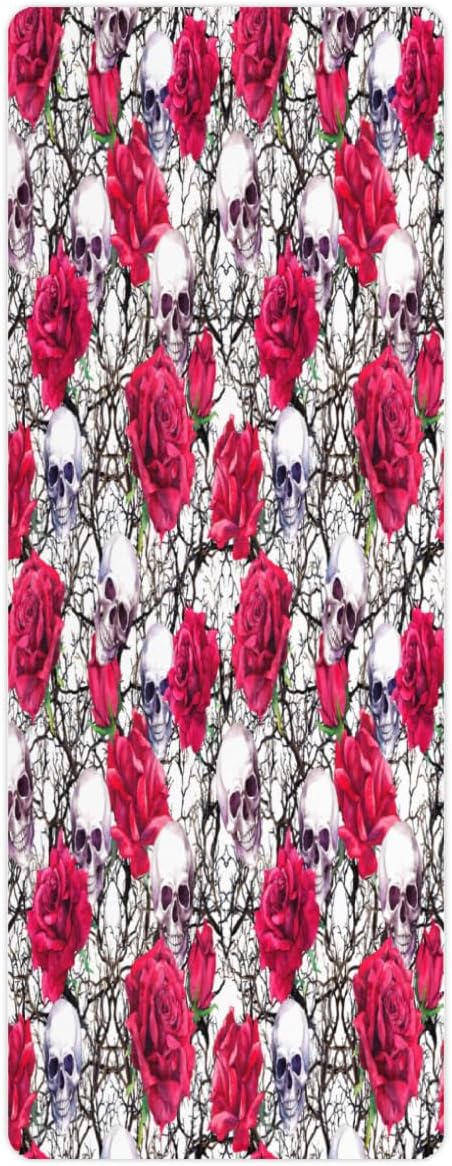 Rose Sugar Skull Yoga Mat Folding Travel Fitness & Exercise Mat with Carrying Bag Non-Slip Lightweight Travel Yoga Mat for Women Pilates 72"L × 26.8” W × 2 Mm Thick - sugar skull yoga mat