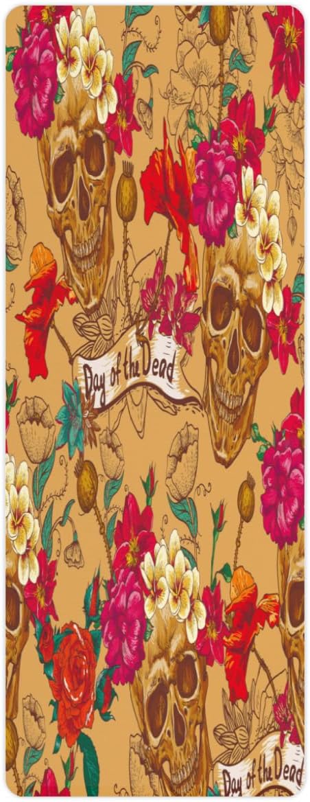 Sugar Skull Roses Yoga Mat Folding Travel Fitness & Exercise Mat with Carrying Bag Non-Slip Lightweight Travel Yoga Mat for Women Pilates 72"L × 26.8” W × 2 Mm Thick - sugar skull yoga mat