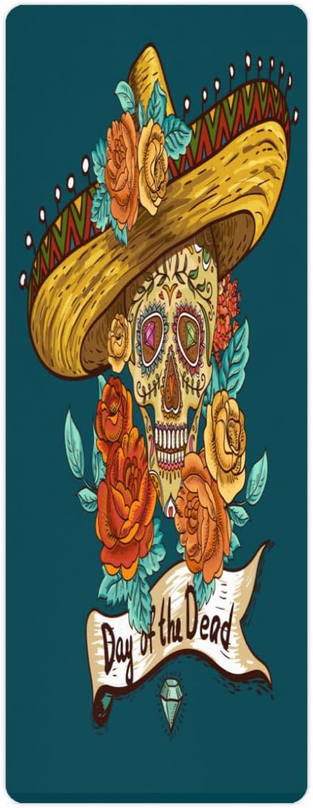 Mexican Sugar Skull Rose Yoga Mat Folding Travel Fitness & Exercise Mat with Carrying Bag Non-Slip Lightweight Travel Yoga Mat for Women Pilates 72"L × 26.8” W × 2 Mm Thick - sugar skull yoga mat