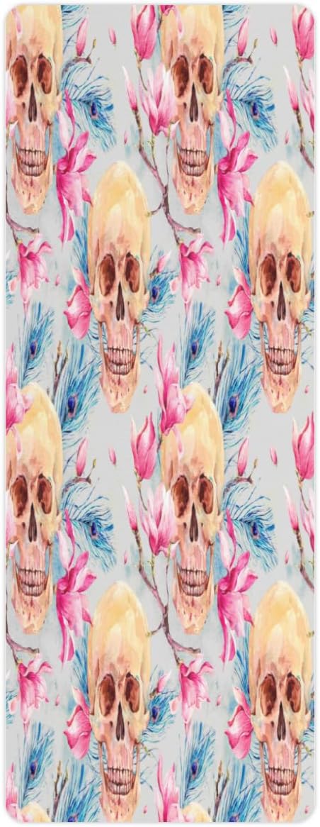 Branch Skull Yoga Mat Folding Travel Fitness & Exercise Mat with Carrying Bag Non-Slip Lightweight Travel Yoga Mat for Women Pilates 72"L × 26.8” W × 2 Mm Thick - sugar skull yoga mat