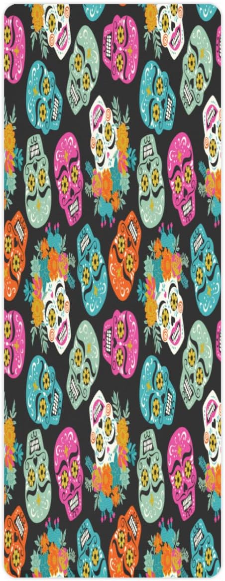 Mexico Colorful Sugar Skull Yoga Mat Folding Travel Fitness & Exercise Mat with Carrying Bag Non-Slip Lightweight Travel Yoga Mat for Women Pilates 72"L × 26.8” W × 2 Mm Thick - sugar skull yoga mat