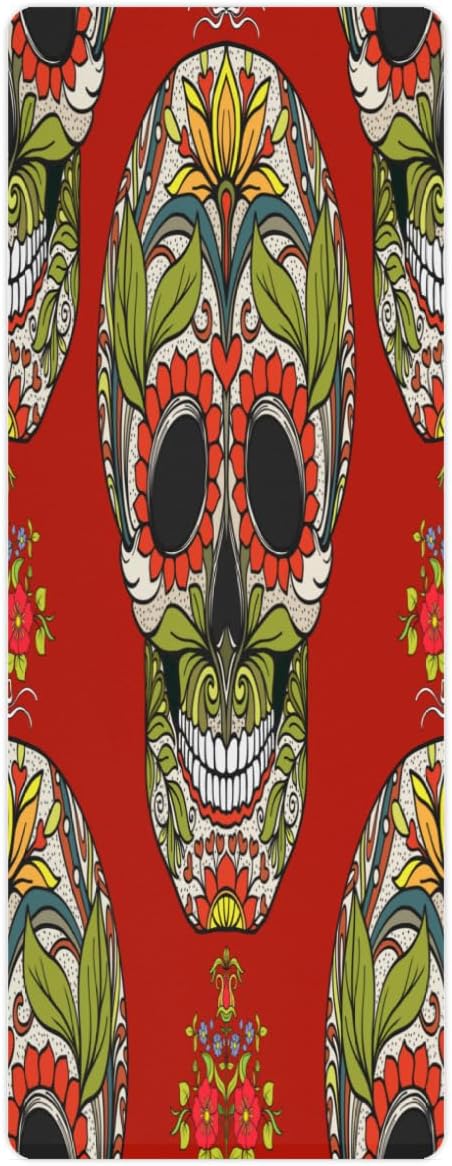 Leaf Smile Skull Yoga Mat Folding Travel Fitness & Exercise Mat with Carrying Bag Non-Slip Lightweight Travel Yoga Mat for Women Pilates 72"L × 26.8” W × 2 Mm Thick - sugar skull yoga mat