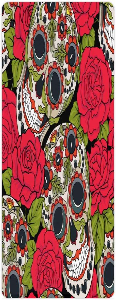 Rose Smiling Face Skull Yoga Mat Folding Travel Fitness & Exercise Mat with Carrying Bag Non-Slip Lightweight Travel Yoga Mat for Women Pilates 72"L × 26.8” W × 2 Mm Thick - sugar skull yoga mat