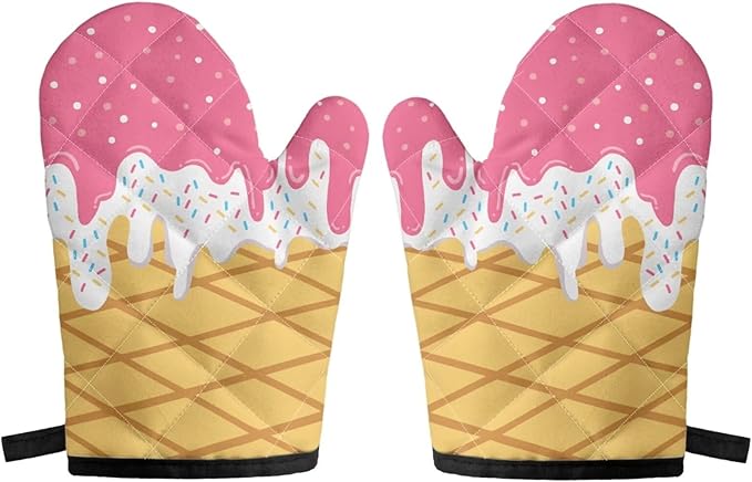 Grip Soft Heat Resistance 2 Piece Funny Ice Cream Oven Mitts Set for Cooking BBQ Quilted Inner Lining Skid Resistant Kitchen Oven Mittens - sugar skull oven mitts