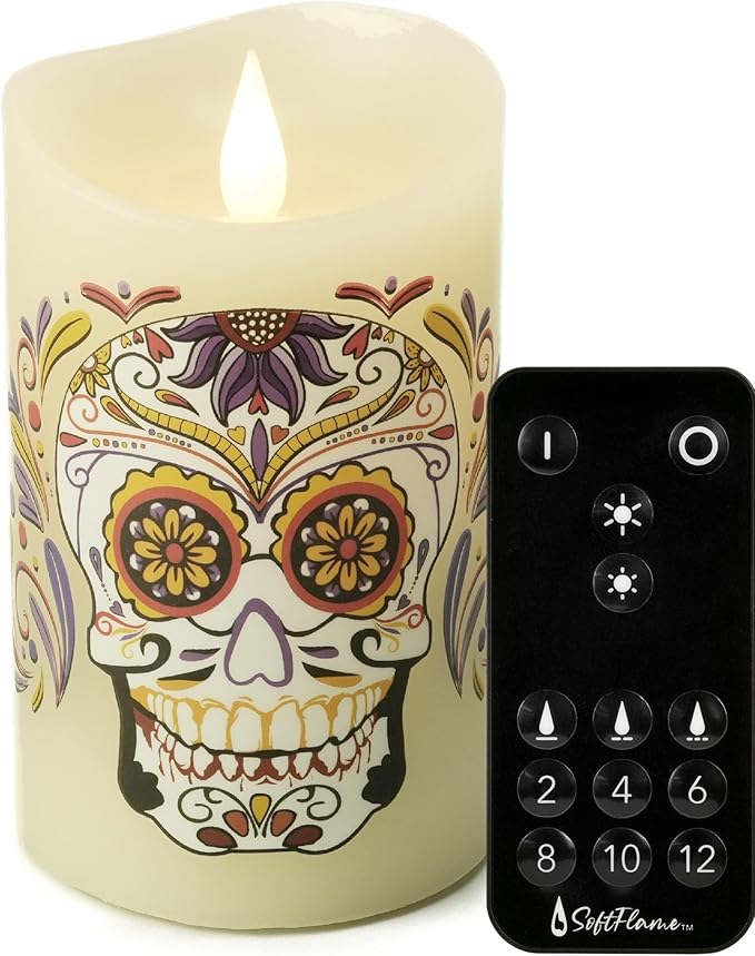 Halloween Flameless LED Candles with Remote Control, 3"x 5"Battery Operated Pillar Real Wax with Timer for Halloween Decorations, Sugar Skull Candle - sugar skull christmas decorations
