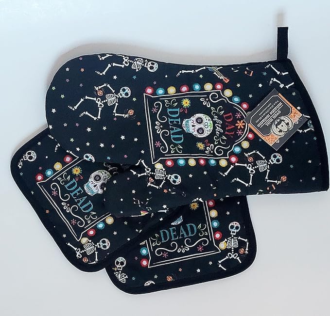 Halloween Day of The Dead Black Oven Mitt & Set of 2 Matching Potholders - sugar skull oven mitts