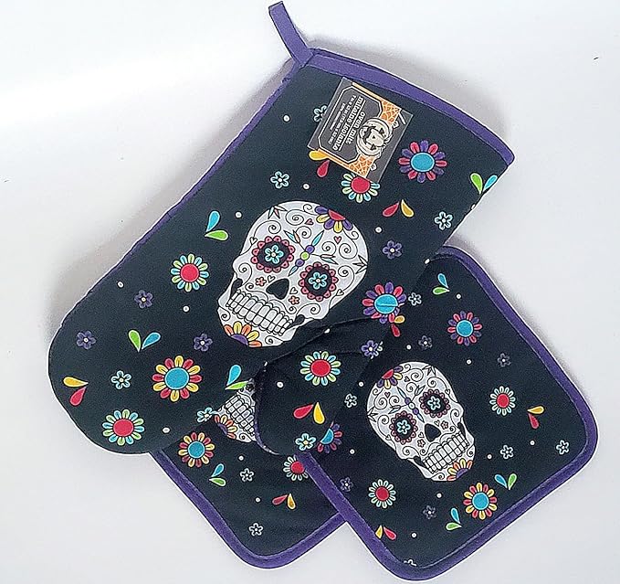 Halloween Day of The Dead Purple and Black Oven Mitt & Set of 2 Matching Potholders. - sugar skull oven mitts