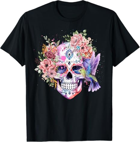 Gothic Blooms - sugar skull t-shirt womens