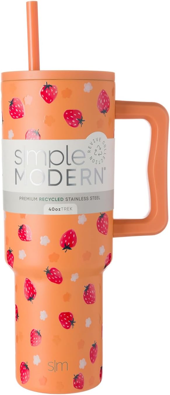 Simple Modern 40 oz Trek Tumbler with Handle and Straw Lid | Cup Holder Friendly Insulated Stainless Steel Travel Mug | Strawberry Fields - sugar skull coffee cup