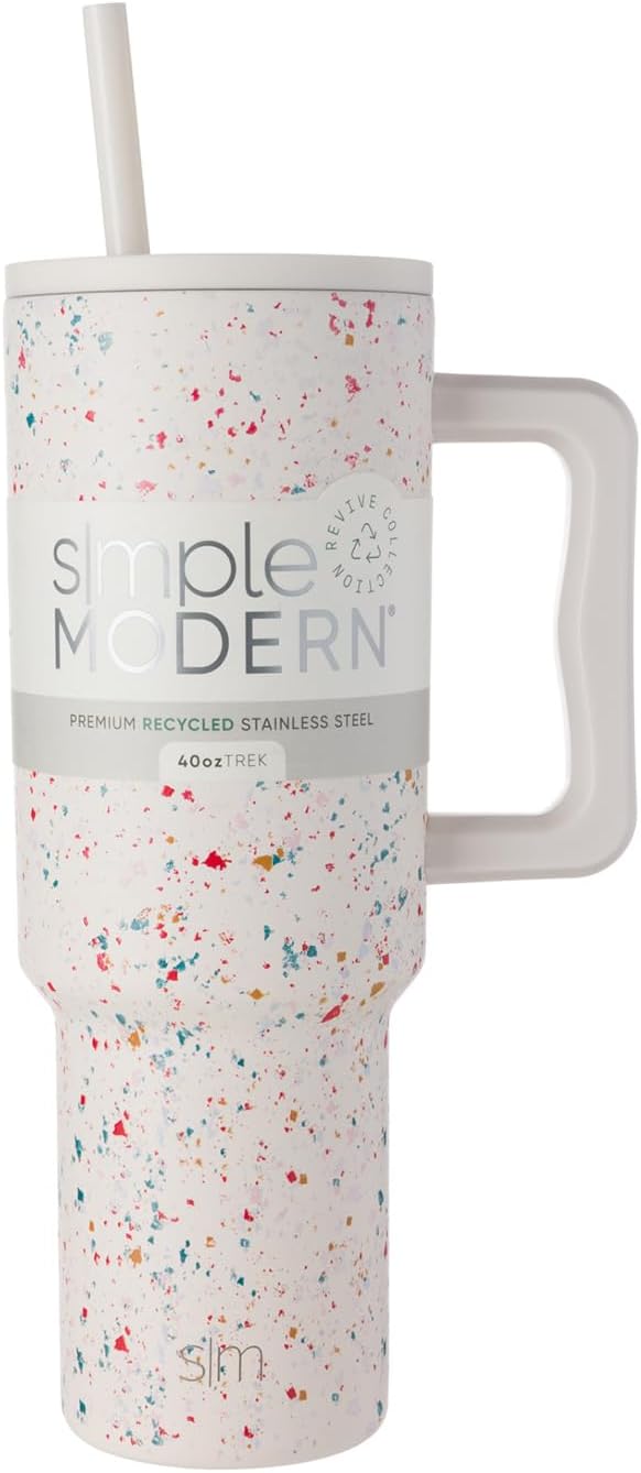 Simple Modern 40 oz Trek Tumbler with Handle and Straw Lid | Cup Holder Friendly Insulated Stainless Steel Travel Mug | Cream Terrazzo - sugar skull tumbler with straw