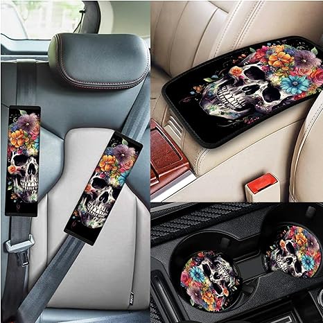 Sugar Skull Flowers Car Seat Belt Pads Center Console Cover and Car Coasters, 5 in 1 Seat Belt Shoulder Strap Covers Armrest Seat Box Protector Cover Harness Pad for Adults Youth Kids - sugar skull car seat covers set