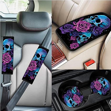 Sugar Skull Roses Car Seat Belt Pads Center Console Cover and Car Coasters, 5 in 1 Seat Belt Shoulder Strap Covers Armrest Seat Box Protector Cover Harness Pad for Adults Youth Kids - sugar skull car floor mats