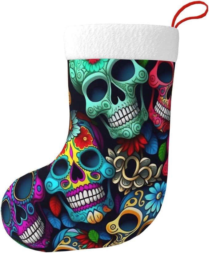 Sugars Skulls Large Christmas Stockings, Xmas Tree Fireplace Hanging Decorations for Home Holiday Decor - sugar skull christmas ornament