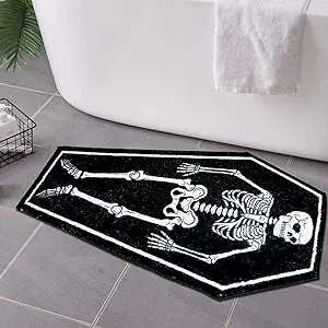 Skull Bath Mat - Gothic Bathroom Decor - Soft Water Absorbent Halloween Bathmat for Shower,Entryway,Front Door,Skeleton Rug,Black Coffin - sugar skull area rug