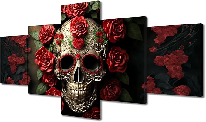 TUMOVO Sugar Skull Paintings for Wall House Decorations Living Room Modern Canvas Pictures Sea Wall Art Red Roses Poster Art Collage on Brick Wall Home Decor Artwork Framed Ready to Hang 50" Wx24 H - sugar skull poster print