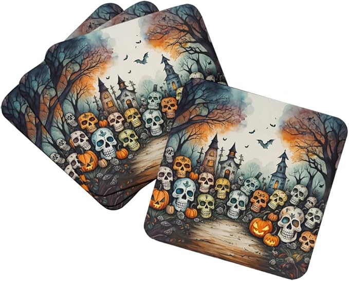 Caroline's Treasures Calaveras Sugar Skulls Spooky Halloween Foam Coaster Set of 4 Cup Coasters for Indoor and Outdoor, Coaster for Tabletop Protection, Anti Slip, Mouse pad Material - sugar skull coasters set