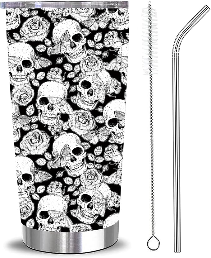 Skeleton Gifts Skull Floral Travel Tumbler Cup 20 OZ, Stainless Steel Insulated Vacuum Calavera Coffee Mug With Lid and Straw for Men Women - sugar skull tumbler with straw