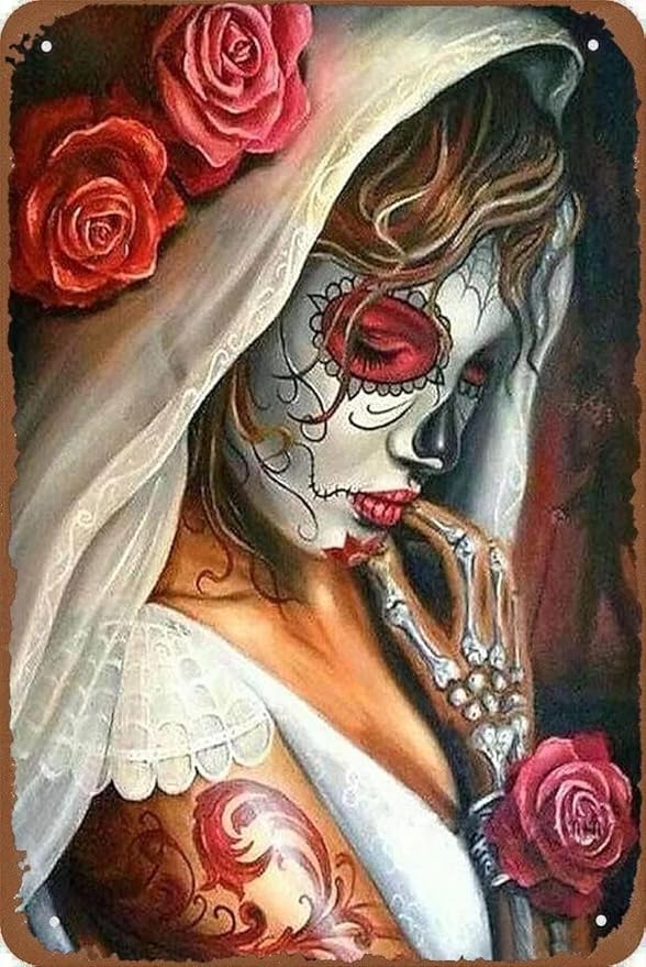 Rustic Metal Tin Sign Sugar Skull Beauty Retro Art Wall Decor Antique Tin Sign Vintage Advertising Metal Tin Sign Farmhouse Coffee Shop Street Garden Garage Door Shop Metal Signs 8x12 Inch - sugar skull poster print