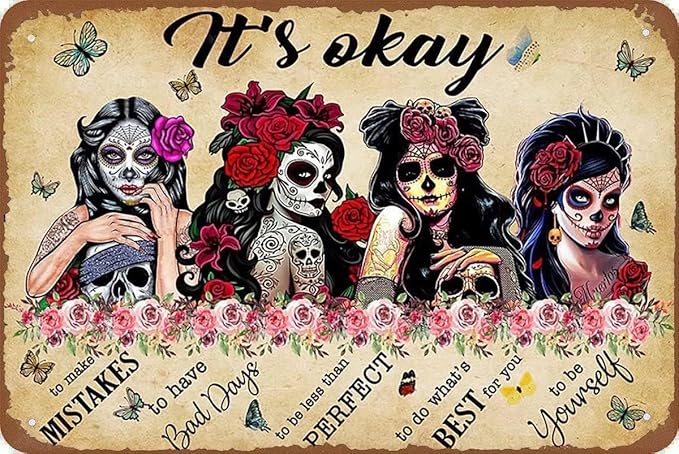 Sugar Skull Girl Antique Tin Sign Bar Poster Metal Wall Plate Vintage Tin Sign Wall Art Retro Advertising Metal Tin Sign Home Decor Garage Kitchen Bar Restaurant 5.5x8 Inch - sugar skull figurine collectible