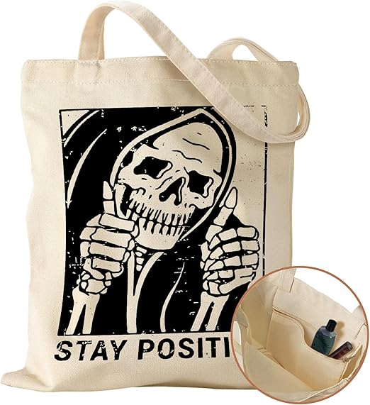 Canvas Tote Bag with Pocket - Aesthetic Cute Canvas Bag for Women Shoulder Totes for Shopping, Work, Gym - canvas sugar skull tote bag