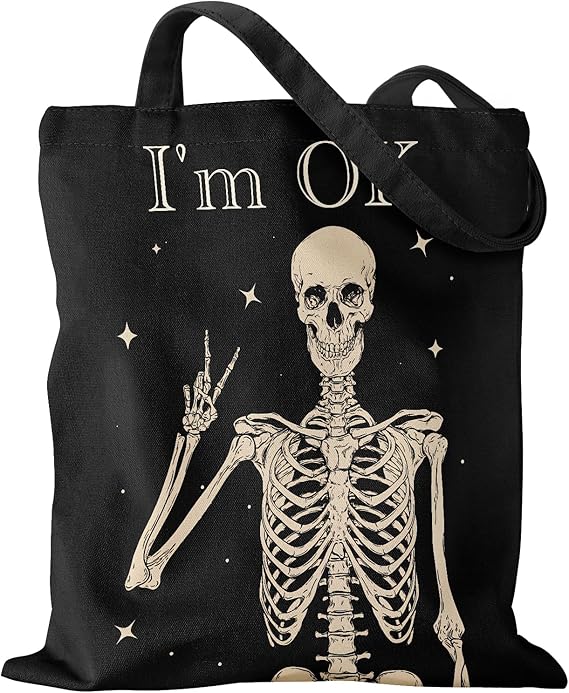 Aesthetic Canvas Tote Bag with Pattern for Women, Stylish Funny Goth Skeleton Spooky Skull Inspired Design, Casual Cloth Cotton Totes Bag for Vacation, Shopping, Grocery, Gym - canvas sugar skull tote bag