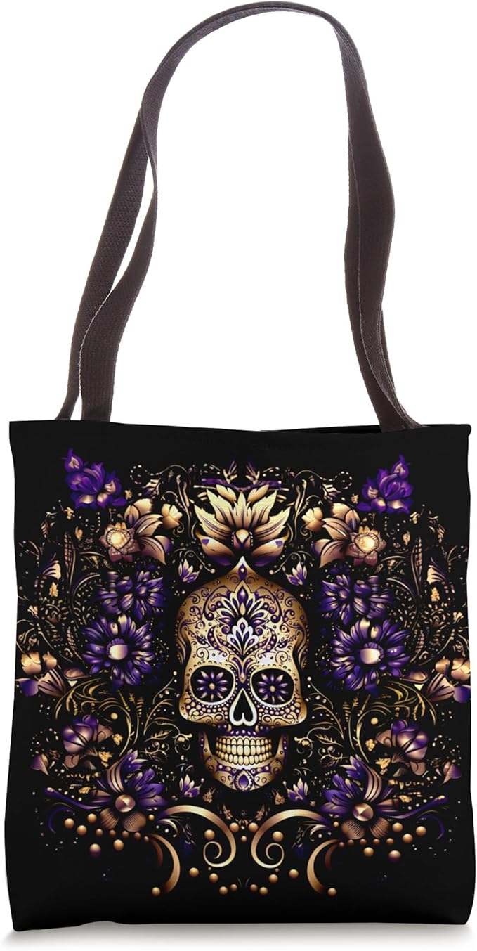 Purple Gold Sugar Skull Day Of Dead Dia De Muertos Skull Tote Bag - sugar skull handbags for sale
