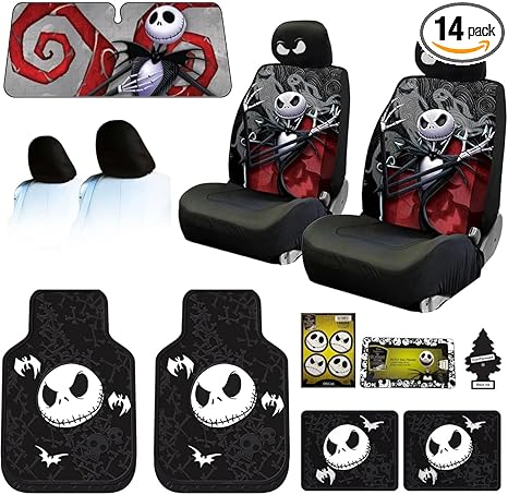 Yupbizauto New Plasticolor Nightmare Before Christmas Jack Skellington Ghostly Car Truck SUV Seat Covers Sunshade Headrest Covers Heavy Duty Rubber Floor Mats Bundle Set - sugar skull car seat covers set