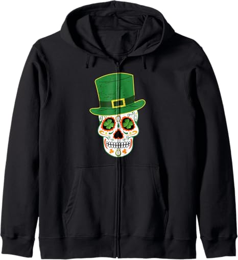 Irish St Patricks Sugar Skull Day of the Dead - sugar skull zip up hoodie mens