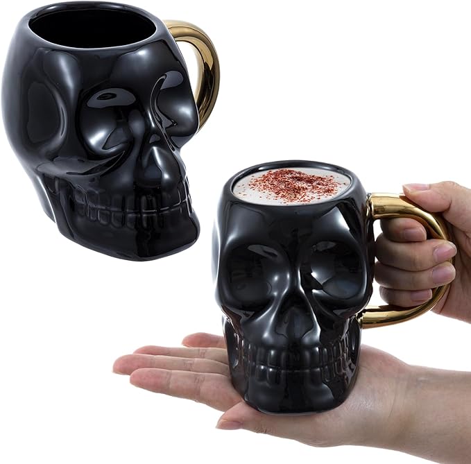 MyGift Set of 2 Skull Mug with Handles, Gothic Novelty Drinkware Skull Black Glazed Ceramic Mugs with Gold Tone Handles, Halloween Themed Skeleton Head Mugs - sugar skull coffee cup