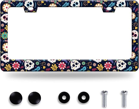 Sugar Skull Flowers License Plate Frame Cute Colorful License Plate Frames Stainless Steel Accessories Cars Decor with 2 Holes and Screws Fits Standard US CA Vehicles Size 12.2 x 6 Inches - sugar skull car floor mats