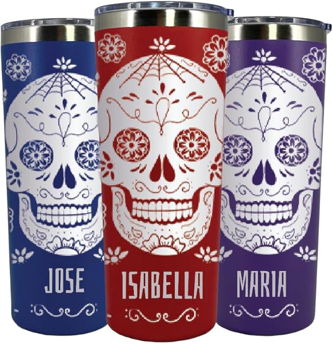 AVITO Personalized Sugar Skull Tumbler - 22 oz Tumbler with Lid and Straw - Laser Engraved - Stainless Steel - sugar skull tumbler with straw