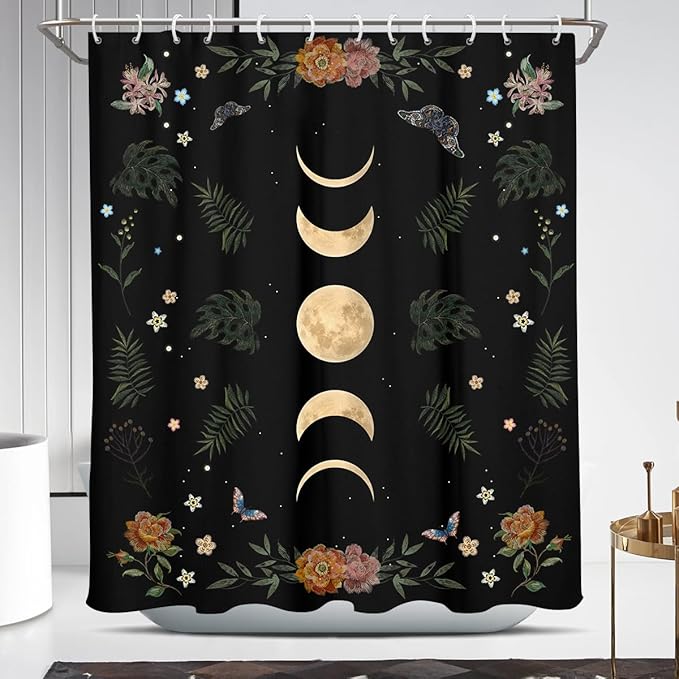 Coxila Moon Phase Shower Curtain Moonlit Goth Gothic Witchy Celestial Hippie Halloween Spooky Dark Black Floral Flower Moody Whimsical Galaxy Star Space Fun 60 x 72 Inch Polyester Fabric 12 Pack Hooks - sugar skull shower curtain set