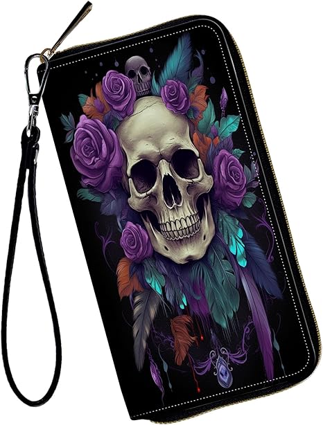 Women Wallets,Large Capacity Clutch Purse for Women Ladie Men Wallet Clearance Credit Card Holder PU Leather Handbag Clutch Purse,Purple Roses and Skulls - sugar skull wallets for women