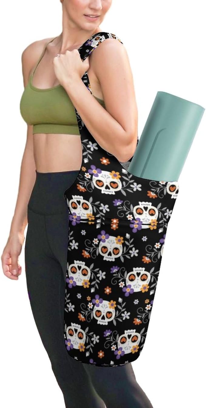 Cute Sugar Skulls And Flowers Yoga Mat Bags for Women Extra Large Yoga Bag Carrier Tote Holder Yoga Accessories - sugar skull yoga mat