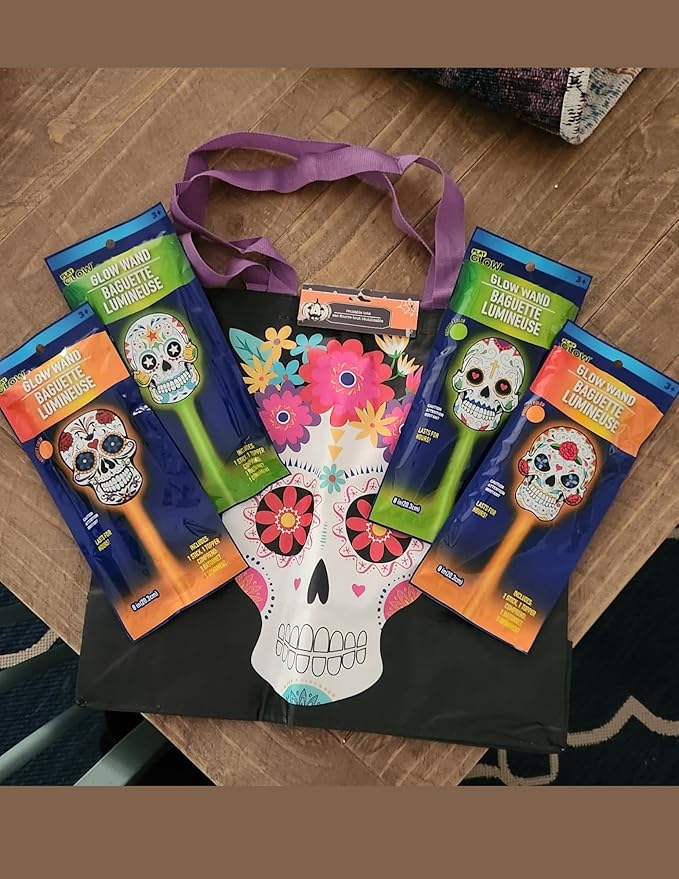 4 Pack Day of The Dead/Sugar Skull Glow Sticks with Sugar Skull Tote Bag - canvas sugar skull tote bag