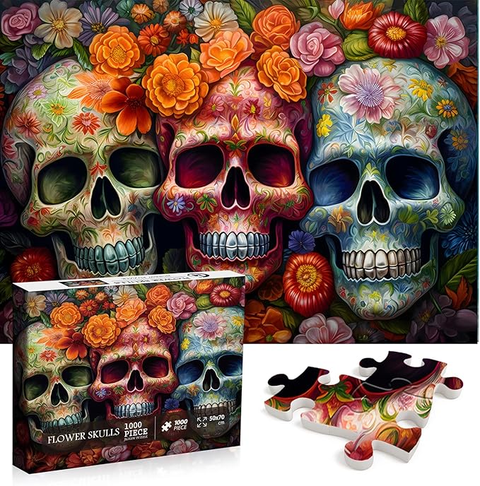 Day of The Dead Sugar Skull Puzzles for Adults 1000 Pieces, Halloween Puzzles 1000 Pieces, PICKFORU Flower Skeleton Puzzle as Skeleton Halloween Decor, Dia De Los Muertos Jigsaw Puzzle Grateful Dead - sugar skull poster print