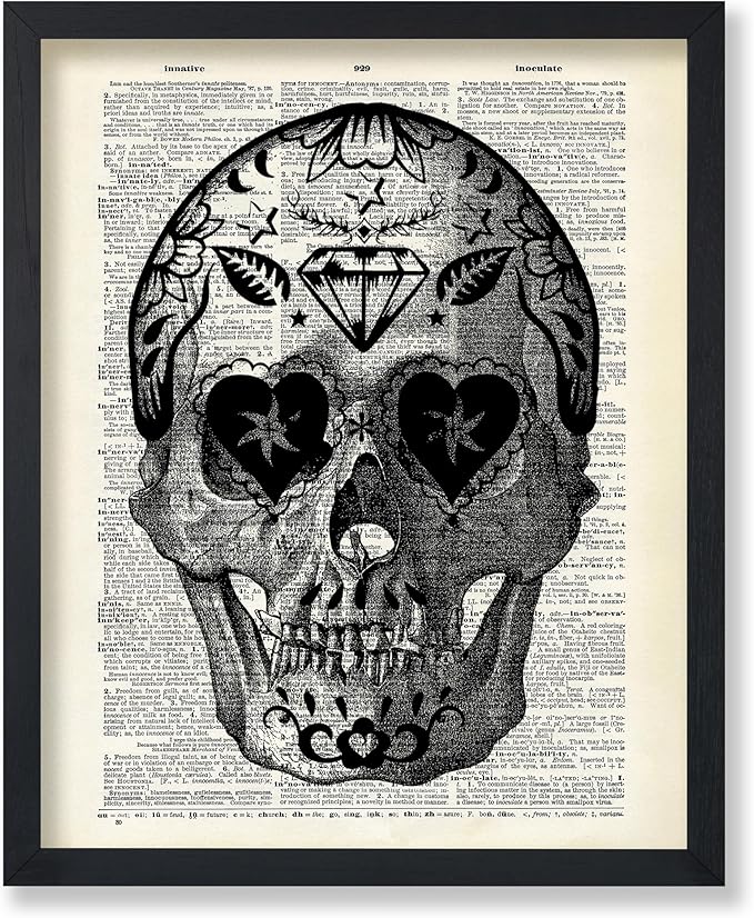 Poster Master Dictionary Art Poster - Retro Sugar Skull Print - Tattoo Art - Day of the Dead Art - Gift for Men, Women - Cool Gothic Decor for Bedroom, Living Room - 8x10 UNFRAMED Wall Art - sugar skull temporary tattoo