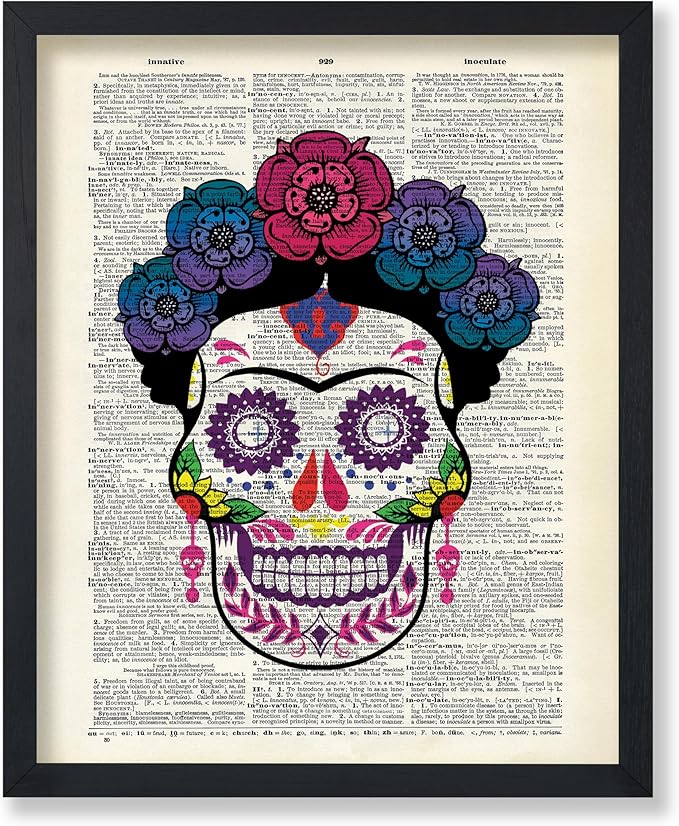 Poster Master Dictionary Art Poster - Colorful Sugar Skull Print - Tattoo Art - Day of the Dead Art - Gift for Men, Women - Floral Gothic Decor for Bedroom, Living Room - 8x10 UNFRAMED Wall Art - sugar skull temporary tattoo