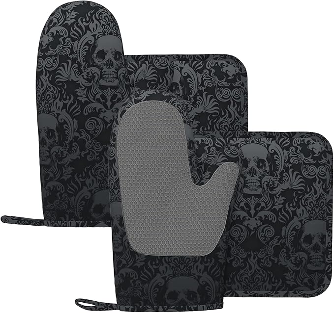 Gothic Skull Oven Mitts and Pot Holders Sets of 4,Resistant Hot Pads with Silicone Non-Slip BBQ Gloves for Kitchen,Cooking,Baking,Grilling - sugar skull oven mitts