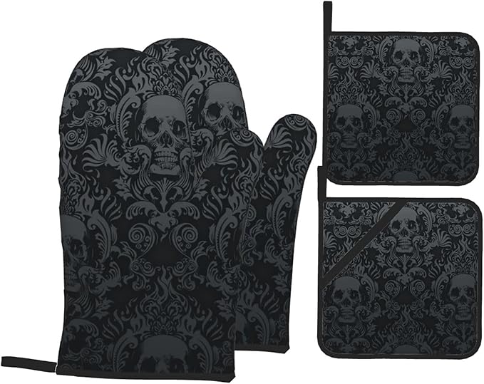 Victorian Gothic Black Skull Damask Oven Mitts and Pot Holders Sets of 4,Resistant Hot Pads with Polyester Non-Slip BBQ Gloves for Kitchen,Cooking,Baking,Grilling - sugar skull oven mitts
