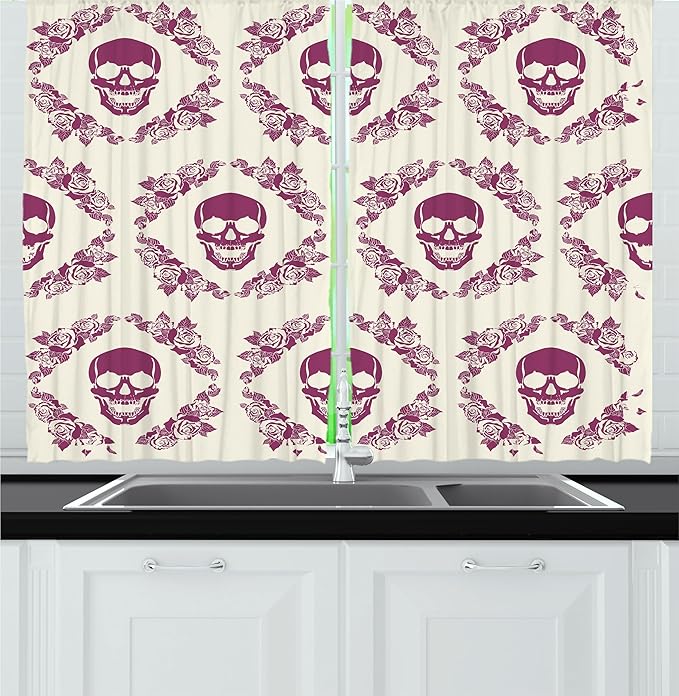 Ambesonne Sugar Skull Kitchen Curtains, Monochrome Style Calavera Inspired Surround by Circular Floral Wreath Print, Window Drapes 2 Panel Set for Kitchen Cafe Decor, 55" x 24", Fuchsia Cream - sugar skull wreath for front door