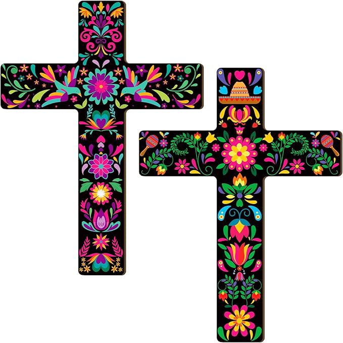 Pinkunn 2 Pcs Mexican Cross Wall Decor Floral Day of The Dead Decoration Hand Painted Wood Wall Art Día De Los Muertos Altar Decorations Spanish Cross Decor for Home(Flower) - sugar skull canvas wall art