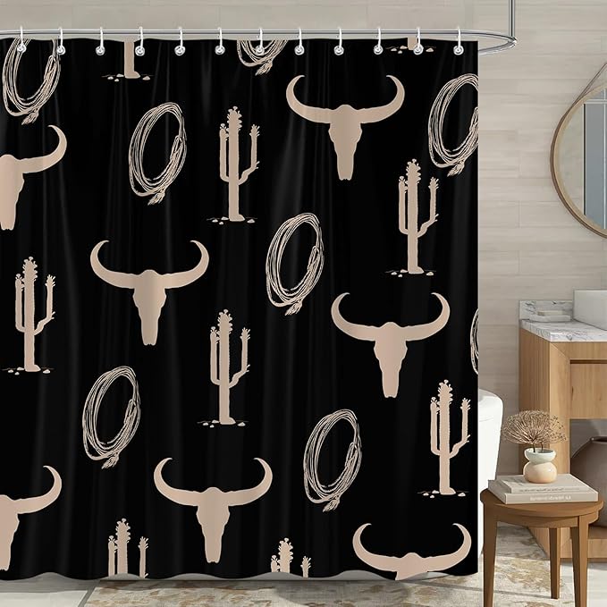 Western Cow Print Shower Curtain for Bathroom, Skulls Cactus Aztec Southwest Black Shower Curtain Sets, Farmhouse Country Polyester Fabric Bath Curtains 72'' x 72'' - sugar skull shower curtain set