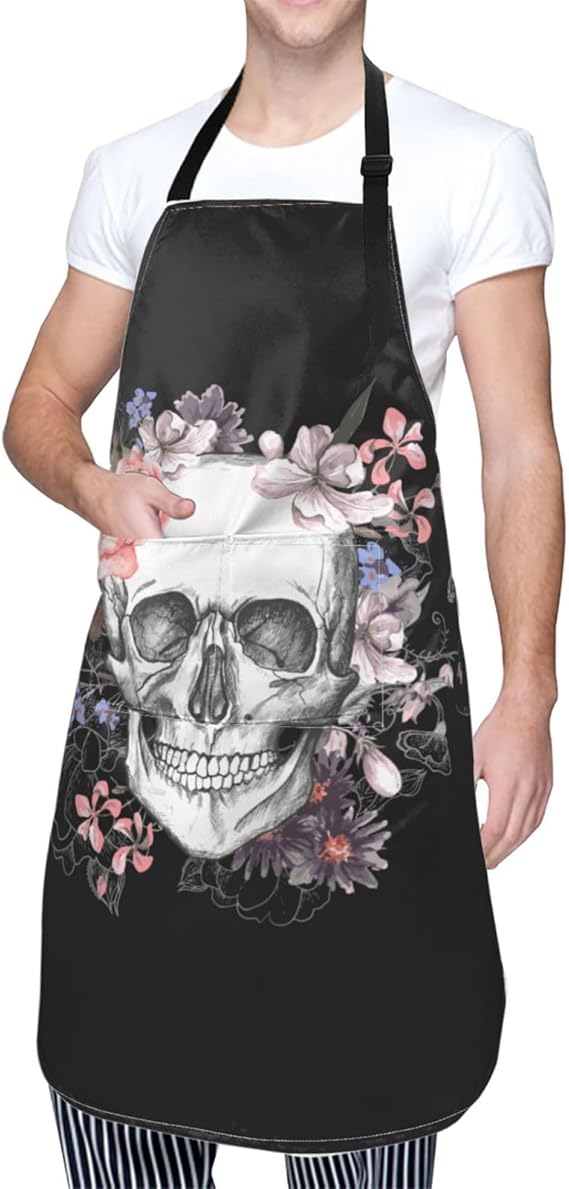 Sugar Skull Flower Bib Apron with 2 Pockets for Men Women - Adjustable Chef Apron for Kitchen Cooking BBQ Gardening - sugar skull apron for women