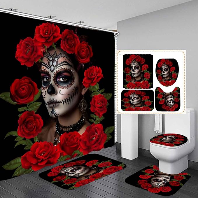 Camille&Andrew 4PCS Sugar Skull Shower Curtain Set, Skull Girl Skeleton Red Rose Floral Gothic Halloween Mexican Day of The Dead Bathroom Decor Waterproof Fabric Black Shower Curtain Non-slip Bath Mat - sugar skull shower curtain set