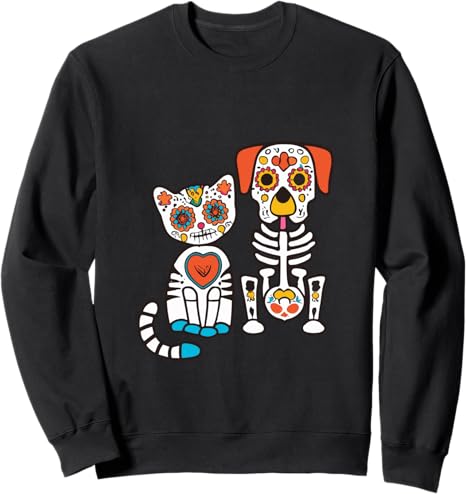 Sugar Skull Cat and Dog Halloween Day of Dead tees - sugar skull sweatshirt womens