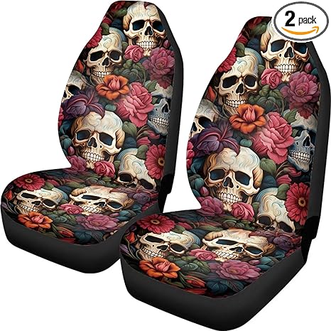 Floral Skull Car Seat Covers for Front Seats SUV Truck Van Sedans Bucket Seat Covers for Women Men, Washable and Breathable Car Accessories Seat Protector - sugar skull car seat covers set