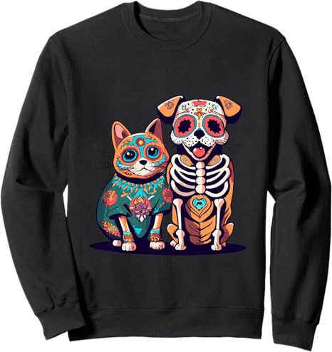 Sugar Skull Cat and Dog Halloween Day of Dead tees - sugar skull sweatshirt womens