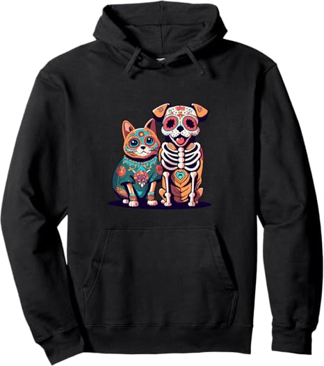 Sugar Skull Cat and Dog Halloween Day of Dead tees - sugar skull hoodie mens